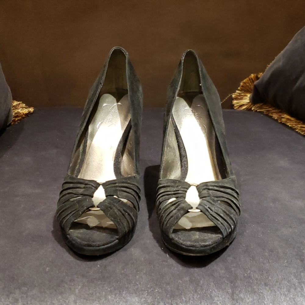 Black Suede Jessica Simpson Peep-Toe Pumps